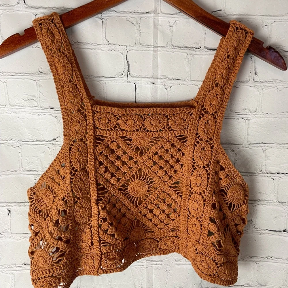 Julia by Love J Crochet Sleeveless Crop Tank Top Knit Plaid Square Neck Sweater - Picture 8 of 8